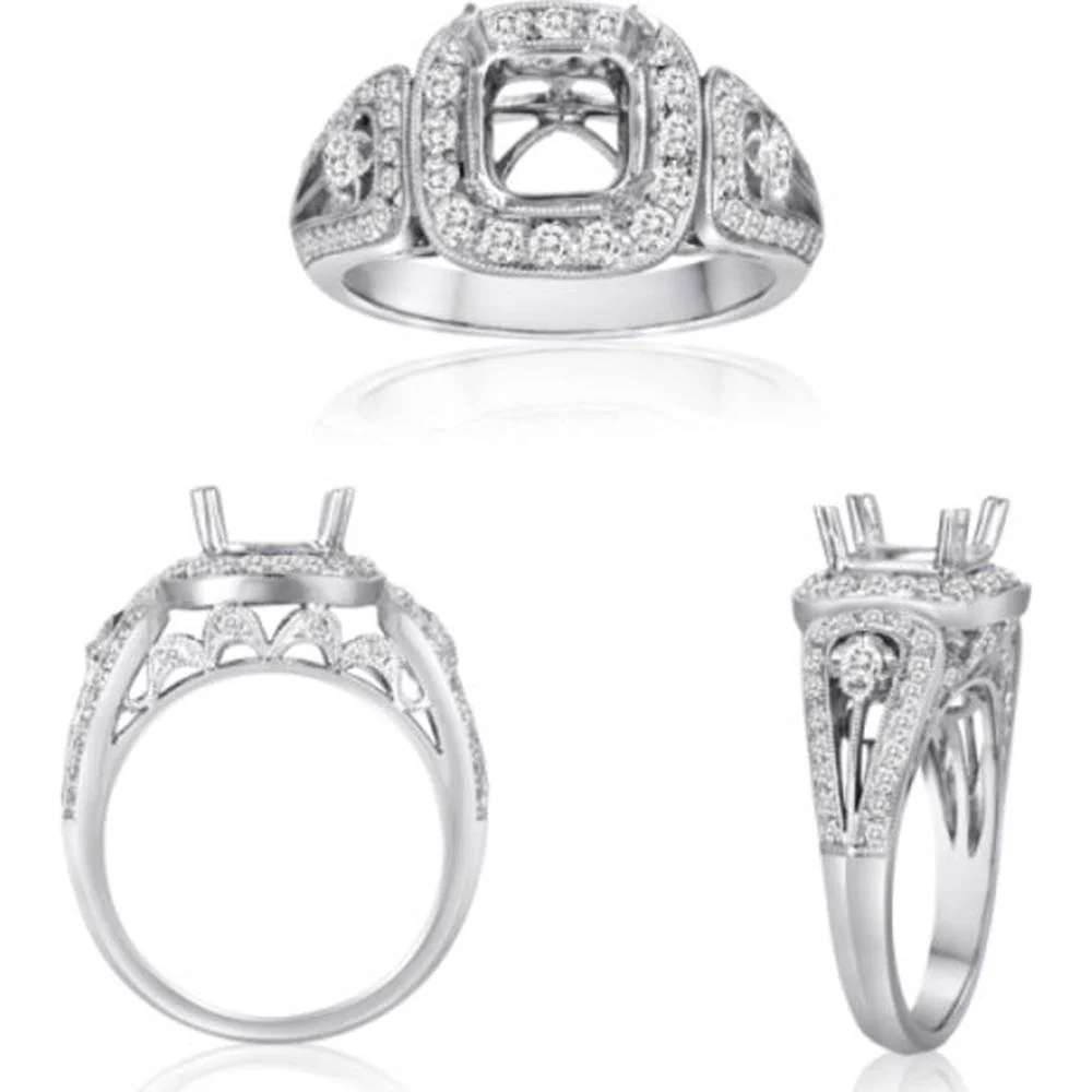 Roman & Jules - 14K White Gold Princess Cut Diamond Ring with Diamond Halo and Split Shank Design - 0.67 Carat Total Diamond Weight