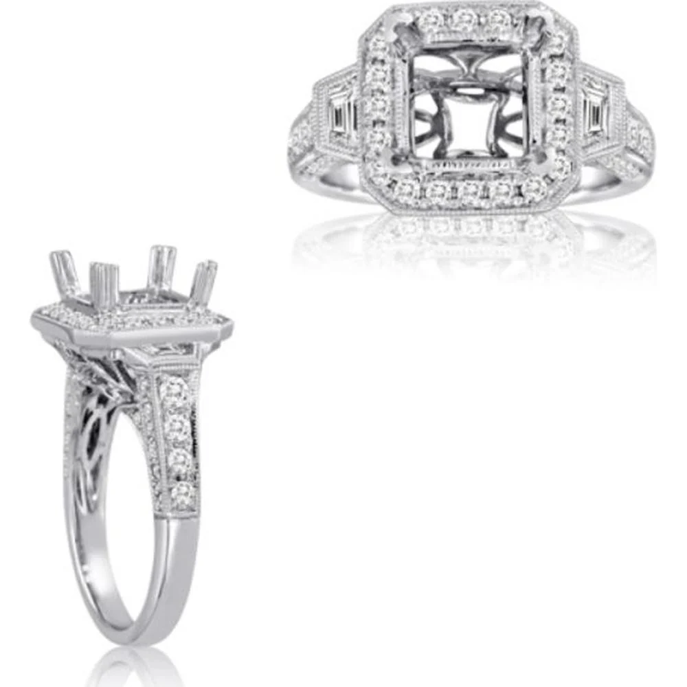 Roman & Jules - 14K White Gold Princess Cut Diamond Ring with Halo and Milgrain Detail - 0.90 Carat Total Diamond Weight