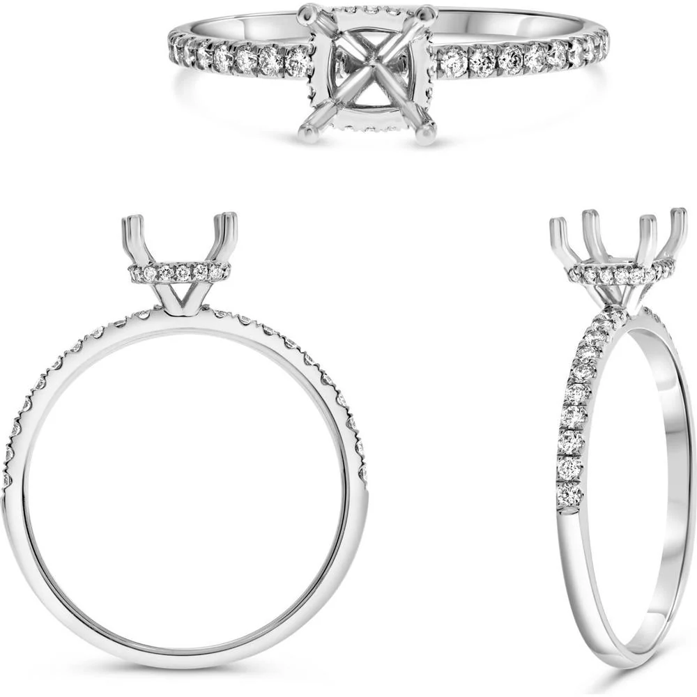 Roman & Jules - 14K White Gold Princess Cut Diamond Ring with Hidden Full Halo and Micropavé Setting - 0.22 Carat Total Diamond Weight