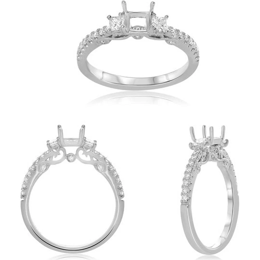 Roman & Jules - 14K White Gold Princess Cut Diamond Ring with Round Diamond Accents - 0.42 Carat Total Diamond Weight