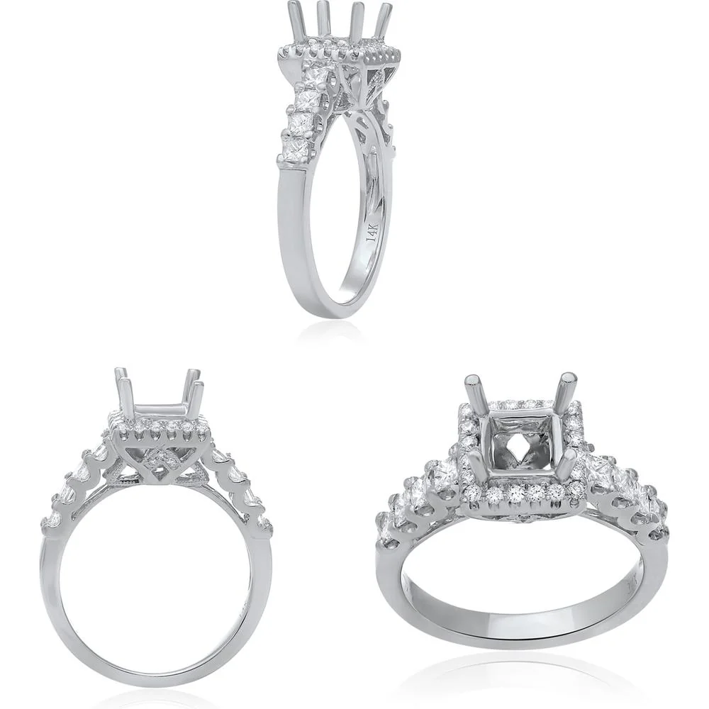 Roman & Jules - 14K White Gold Princess Cut Engagement Ring Setting with Diamond Halo - 0.45 Carat Total Diamond Weight