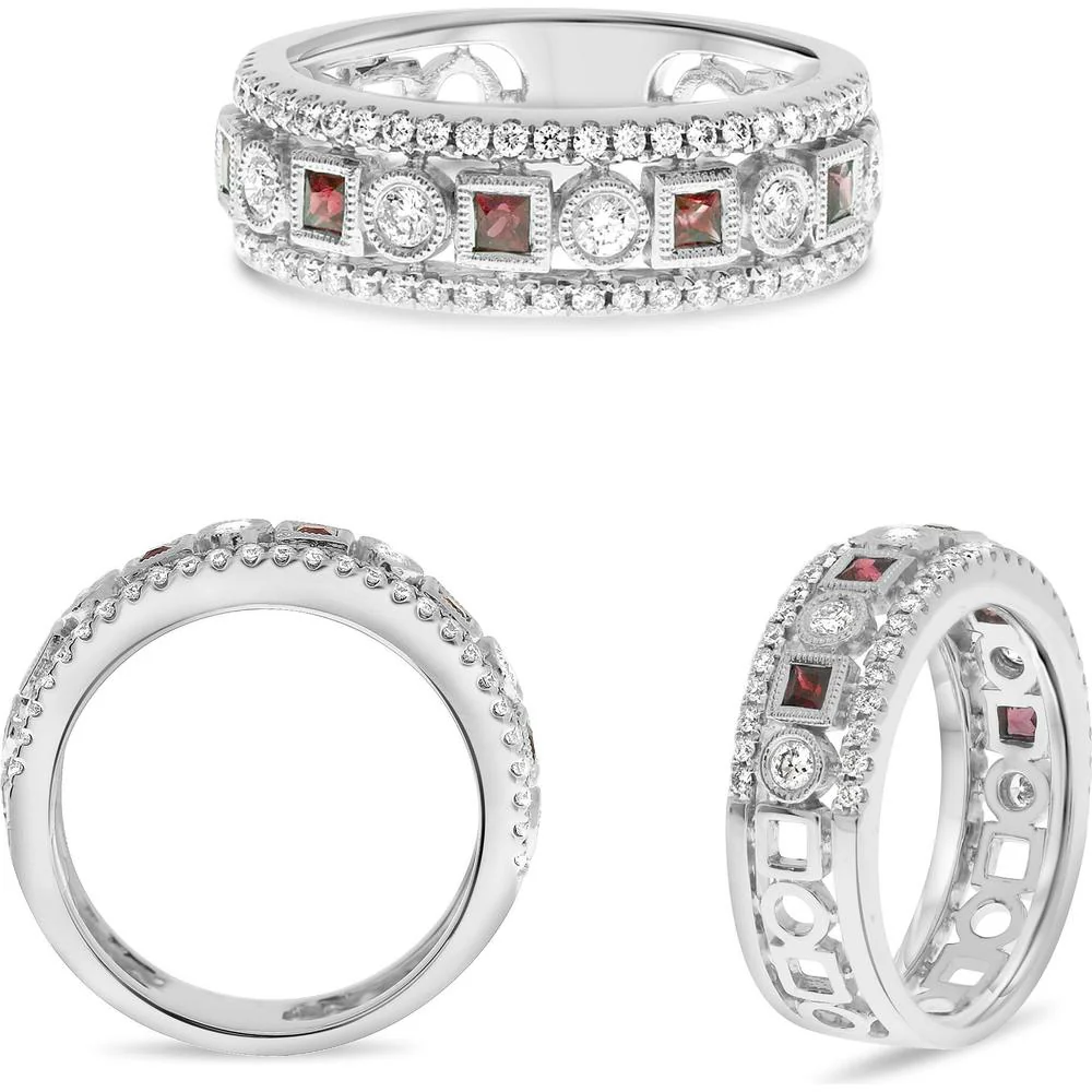 Roman & Jules - 14K White Gold Princess Cut Ruby Ring with Round Diamonds - 0.73 Carat Total Gem Weight
