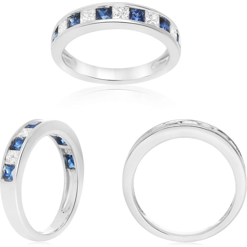 Roman & Jules - 14K White Gold Princess Cut Sapphire Channel Band Ring - 0.39 Carat Total Sapphire Weight