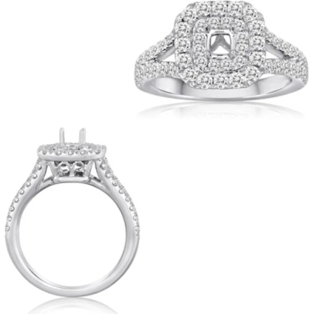 Roman & Jules - 14K White Gold Radiant Round Diamond Ring with Micropavé Split Shank - 0.89 Carat Total Diamond Weight
