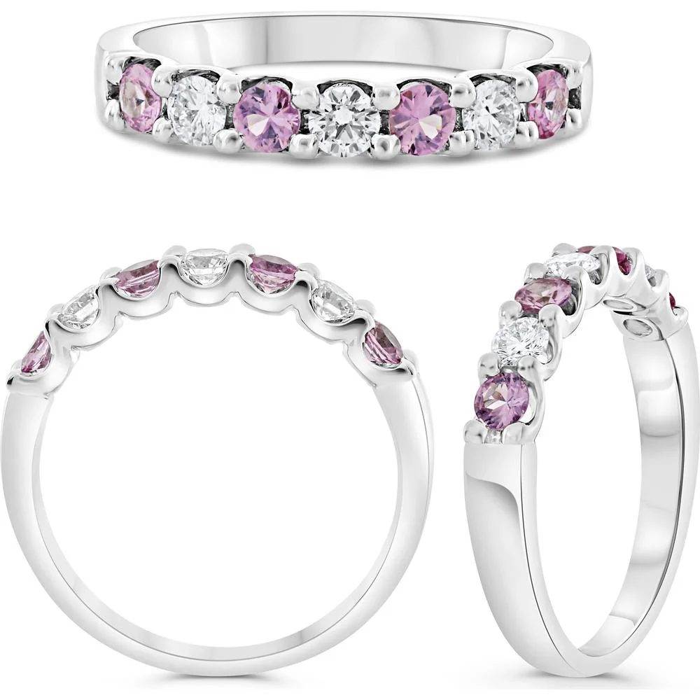 Roman & Jules - 14K White Gold Ring with Round Pink Sapphires and Round Diamonds - 0.54 Carat Total Gem Weight
