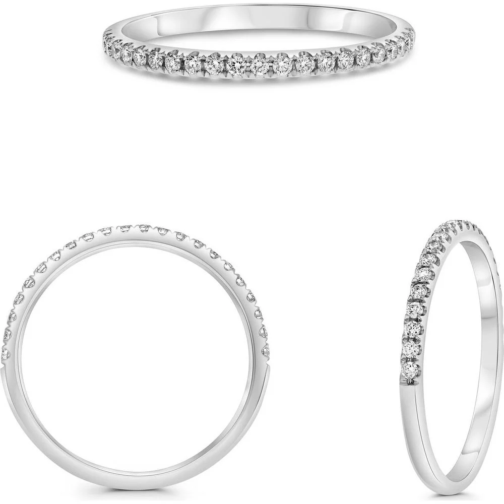 Roman & Jules - 14K White Gold Round Diamond Band Ring with Micropavé Setting - 0.18 Carat Total Diamond Weight