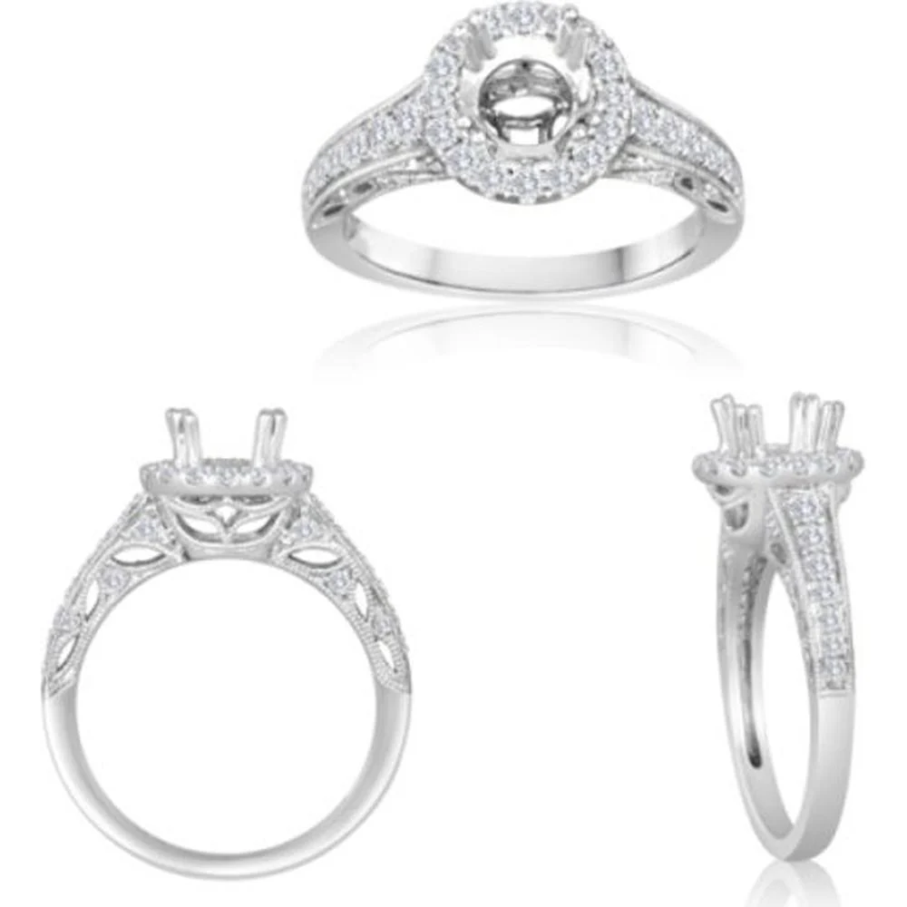 Roman & Jules - 14K White Gold Round Diamond Halo Ring with 0.56 Carat Total Diamond Weight