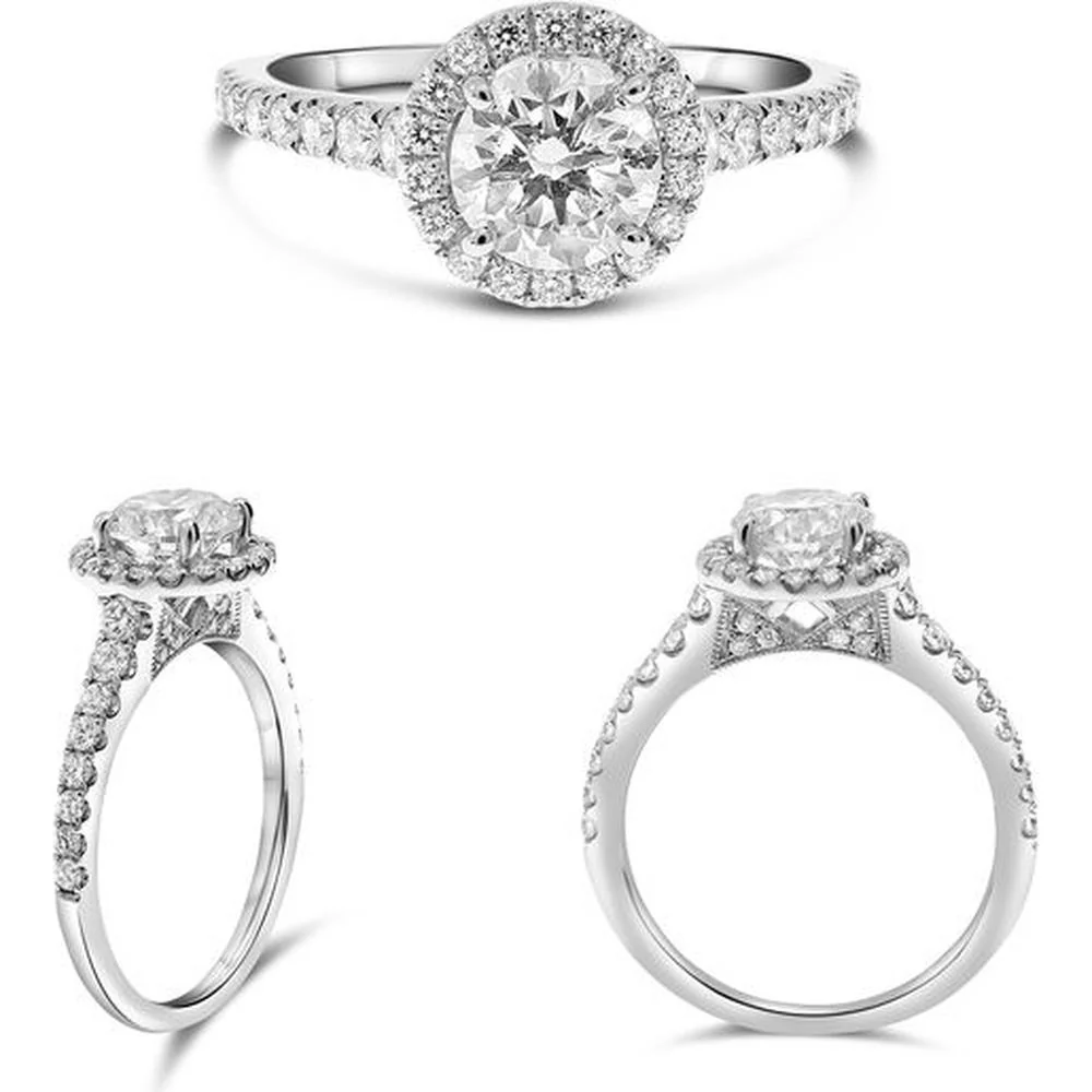 Roman & Jules - 14K White Gold Round Diamond Halo Ring with Micropavé Setting - 1.14 Carat Total Diamond Weight