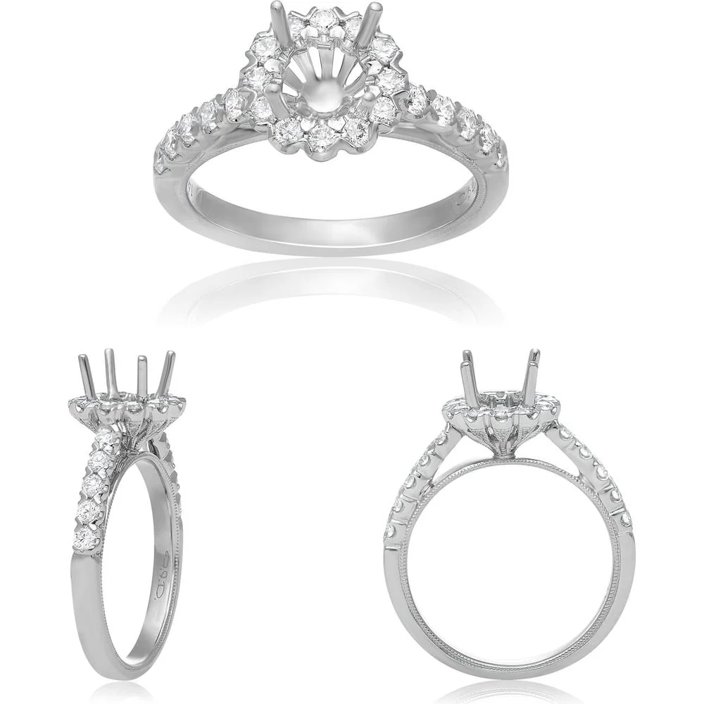 Roman & Jules - 14K White Gold Round Diamond Halo Ring with Milgrain Detail - 0.62 Carat Total Diamond Weight