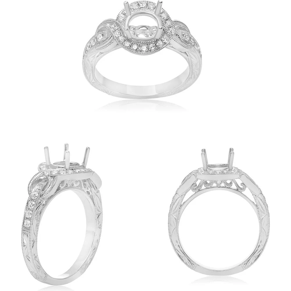 Roman & Jules - 14K White Gold Round Diamond Halo Ring with Milgrain Detailing - 0.38 Carat Total Diamond Weight