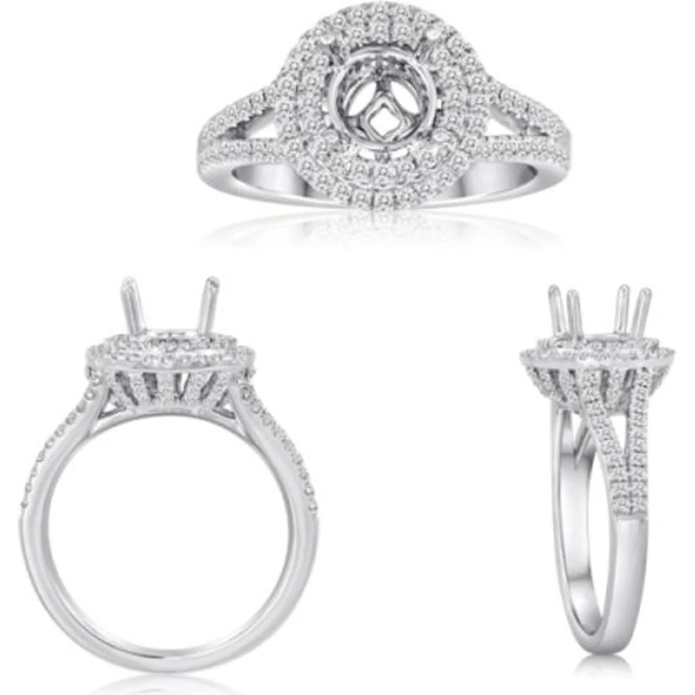 Roman & Jules - 14K White Gold Round Diamond Halo Ring with Split Shank and Milgrain Detailing - 0.49 Carat Total Diamond Weight