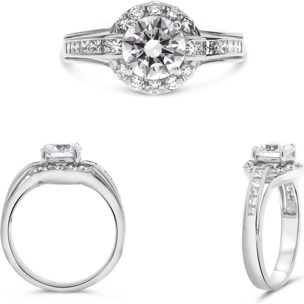 Roman & Jules - 14K White Gold Round Diamond Halo Ring with Split Shank Design - 0.42 Carat Total Diamond Weight