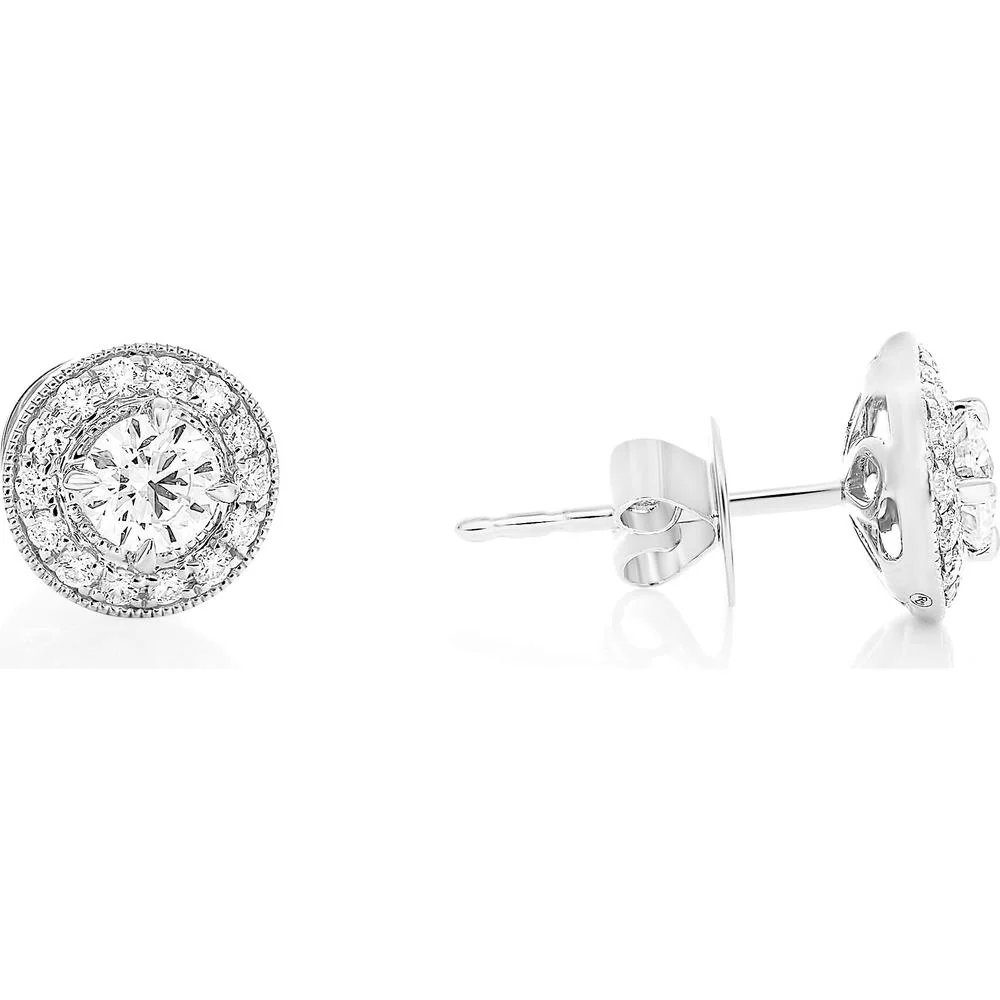 Roman & Jules - 14K White Gold Round Diamond Halo Stud Earrings - 0.75 Carat Total Diamond Weight