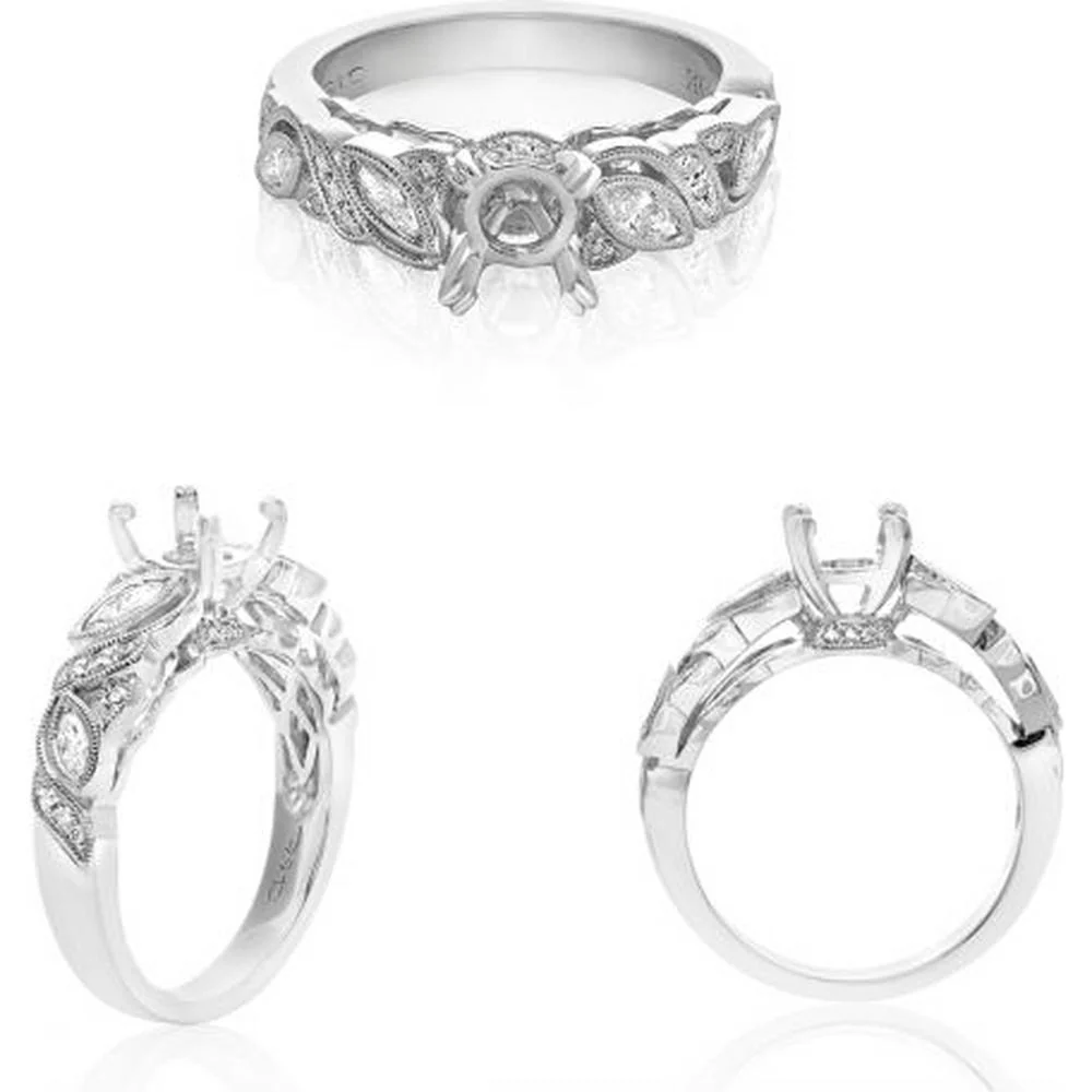 Roman & Jules - 14K White Gold Round Diamond Ring with Halo and Milgrain Detail - 0.11 Carat Total Diamond Weight