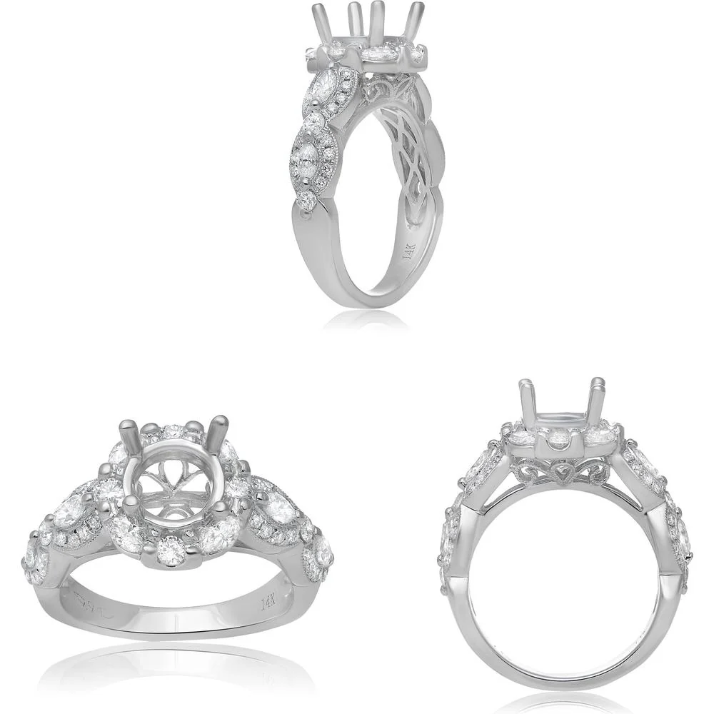 Roman & Jules - 14K White Gold Round Diamond Ring with Halo Design - 0.58 Carat Total Diamond Weight
