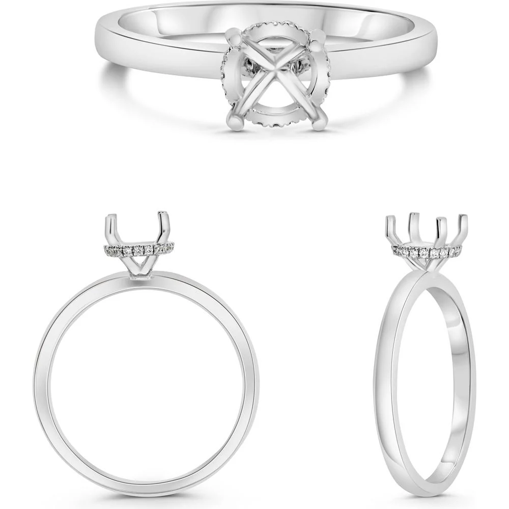 Roman & Jules - 14K White Gold Round Diamond Ring with Hidden Full Halo and Micropavé Setting - 0.04 Carat Diamond Center