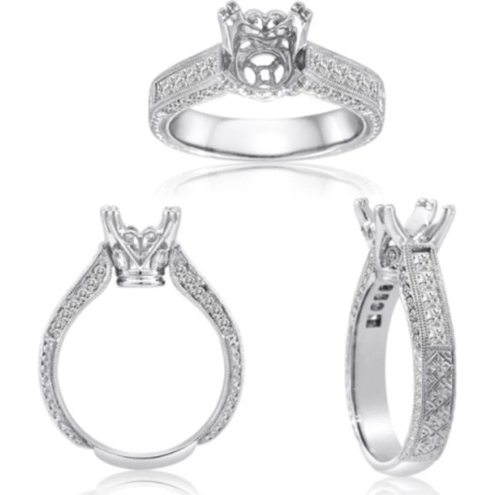 Roman & Jules - 14K White Gold Round Diamond Ring with Milgrain Detail - 0.18 Carat Total Diamond Weight