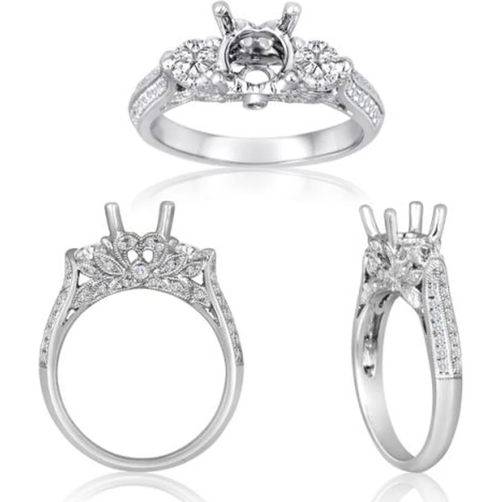 Roman & Jules - 14K White Gold Round Diamond Ring with Milgrain Detail - 0.66 Carat Total Diamond Weight