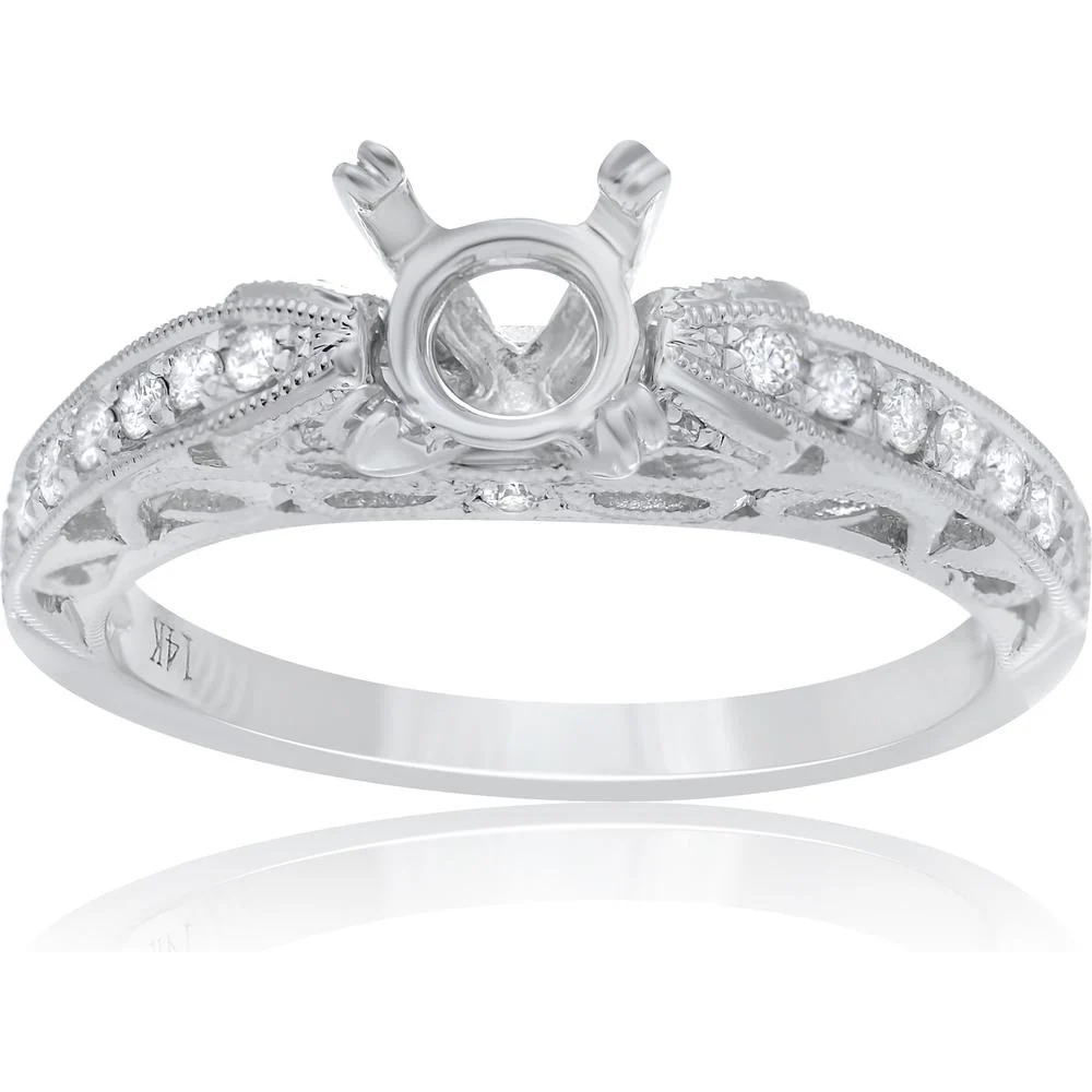 Roman & Jules - 14K White Gold Round Diamond Ring with Milgrain Detailing - 0.24 Carat Total Diamond Weight