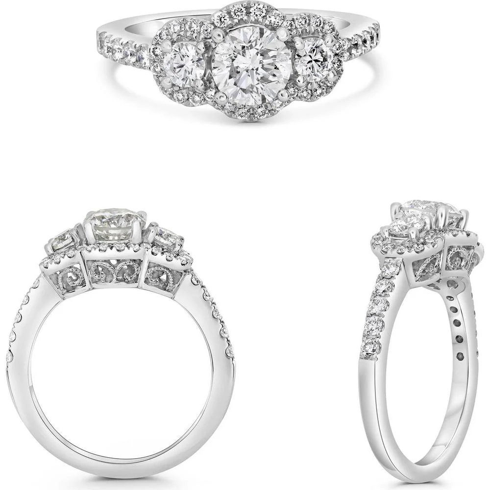 Roman & Jules - 14K White Gold Round Diamond Ring with TS Halo - 1.03 Carat Total Diamond Weight