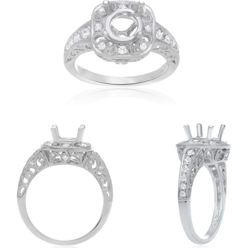 Roman & Jules - 14K White Gold Round Diamond Ring with Vintage-Inspired Milgrain and Filigree Details - 0.45 Carat Total Diamond Weight