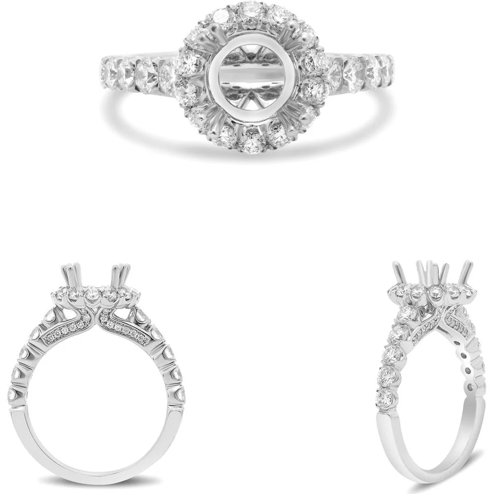 Roman & Jules - 14K White Gold Round Double Prong Halo Engagement Setting with 1.07 Carat Total Diamond Weight