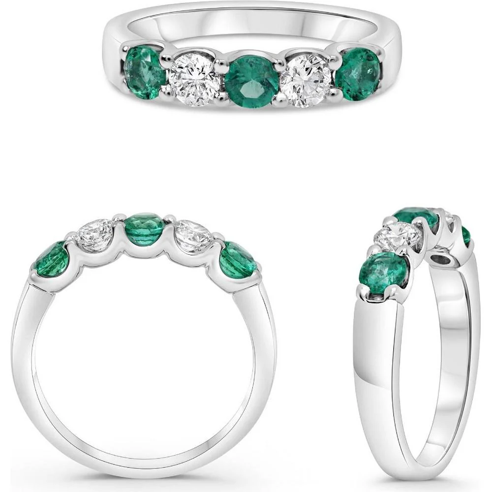 Roman & Jules - 14K White Gold Round Emerald and Diamond Band Ring - 1.30 Carat Total Gem Weight