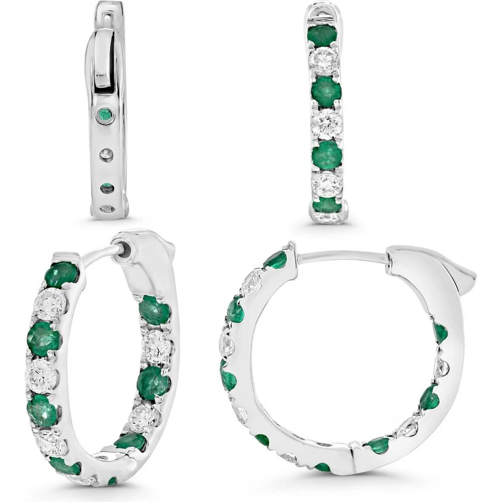Roman & Jules - 14K White Gold Round Emerald Hoop Earrings with Micropavé Set Round Diamonds - 0.62 Carat Total Gem Weight
