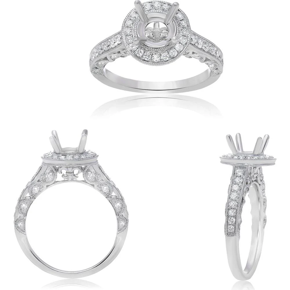 Roman & Jules - 14K White Gold Round Halo Engagement Ring Setting with 0.57 Carat Total Diamond Weight