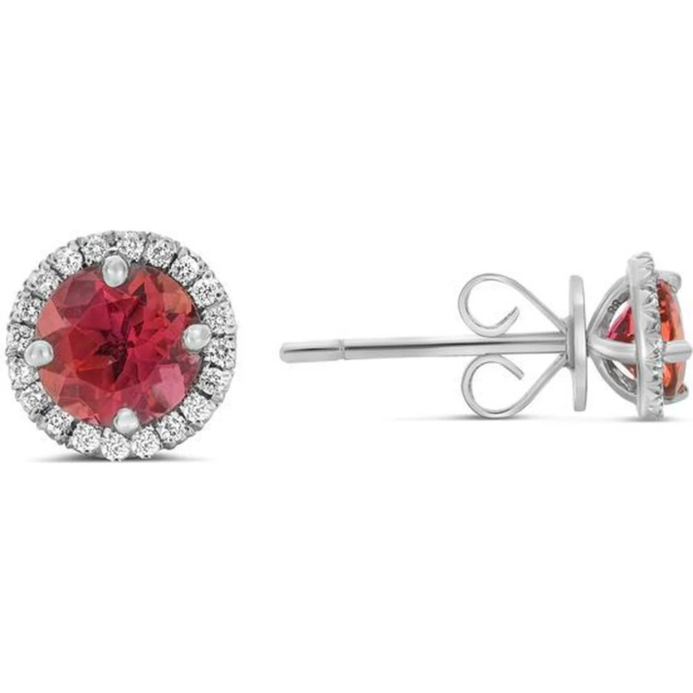 Roman & Jules - 14K White Gold Round Ruby Halo Stud Earrings with Diamonds - 1.45 Carat Total Ruby Weight