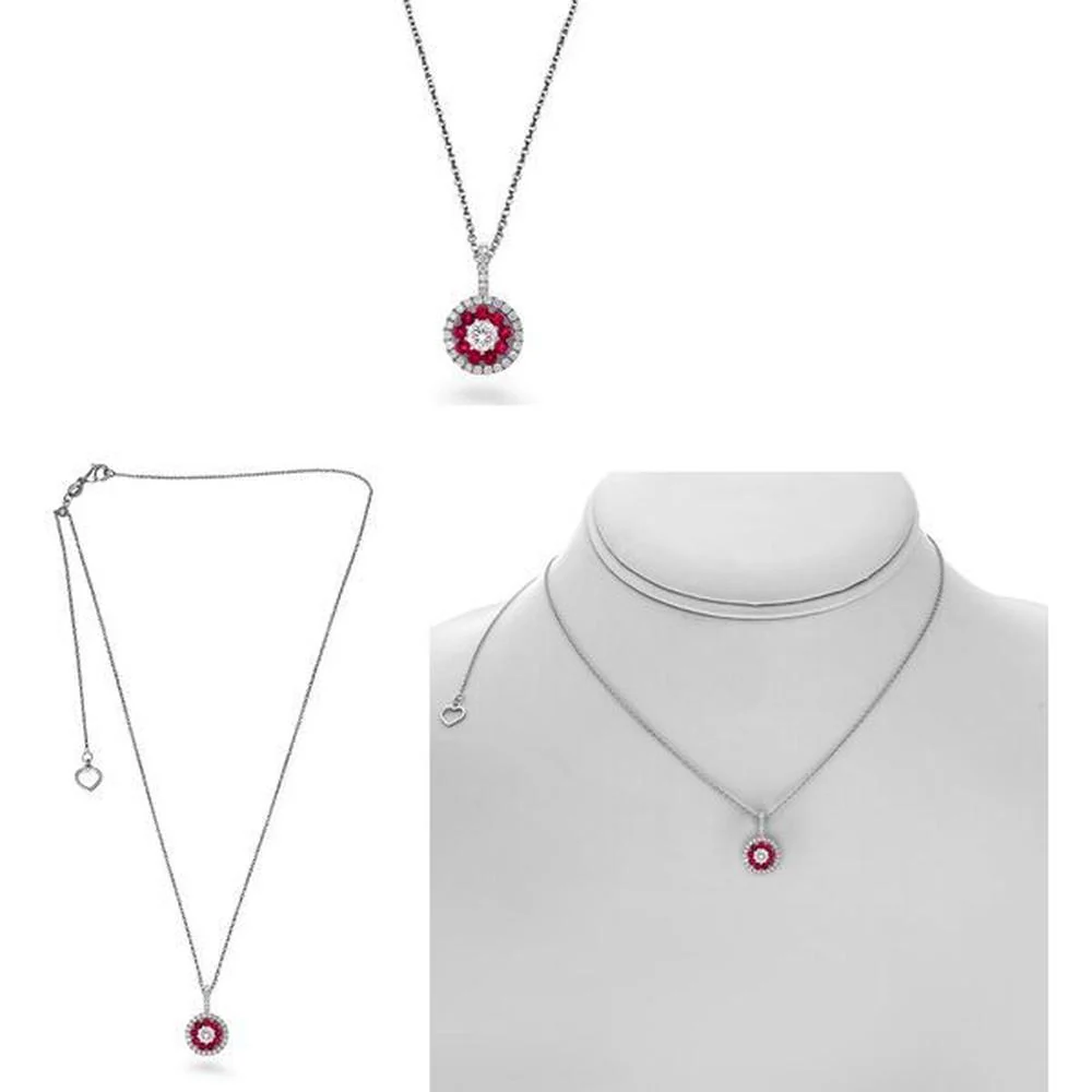 Roman & Jules - 14K White Gold Round Ruby Necklace with Round Diamonds - 0.21 Carat Ruby, 0.18 Carat Total Diamond Weight