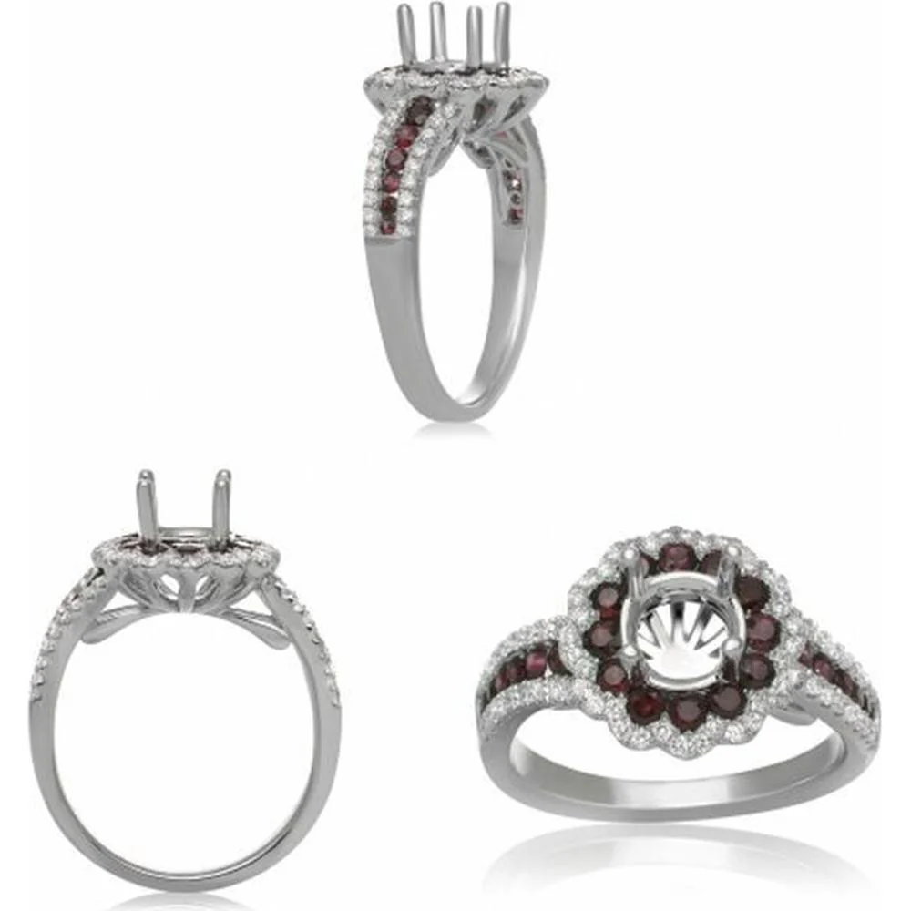 Roman & Jules - 14K White Gold Round Ruby Ring with Halo of Round Diamonds - 0.74 Carat Total Diamond Weight