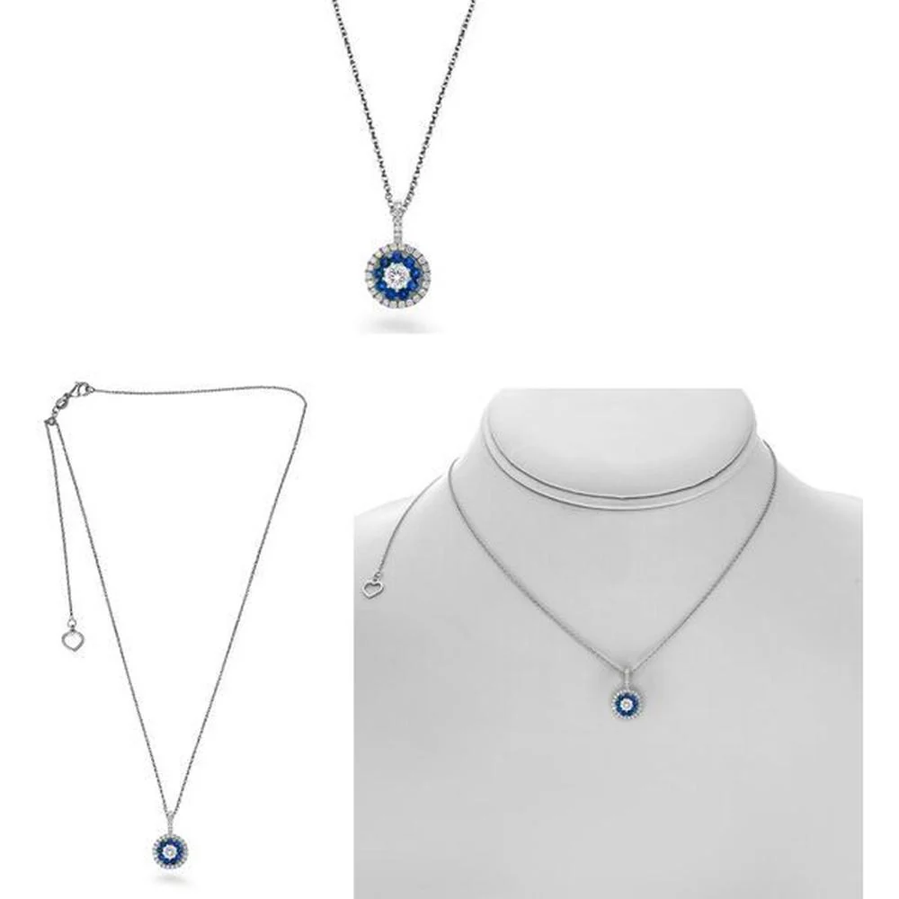 Roman & Jules - 14K White Gold Round Sapphire and Diamond Double Halo Necklace - 0.21 Carat Sapphire, 0.18 Carat Total Diamond Weight