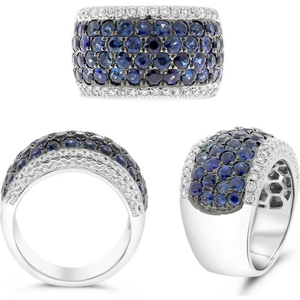 Roman & Jules - 14K White Gold Round Sapphire Band Ring with Pave Set Round Diamonds - 3.36 Carat Total Sapphire Weight