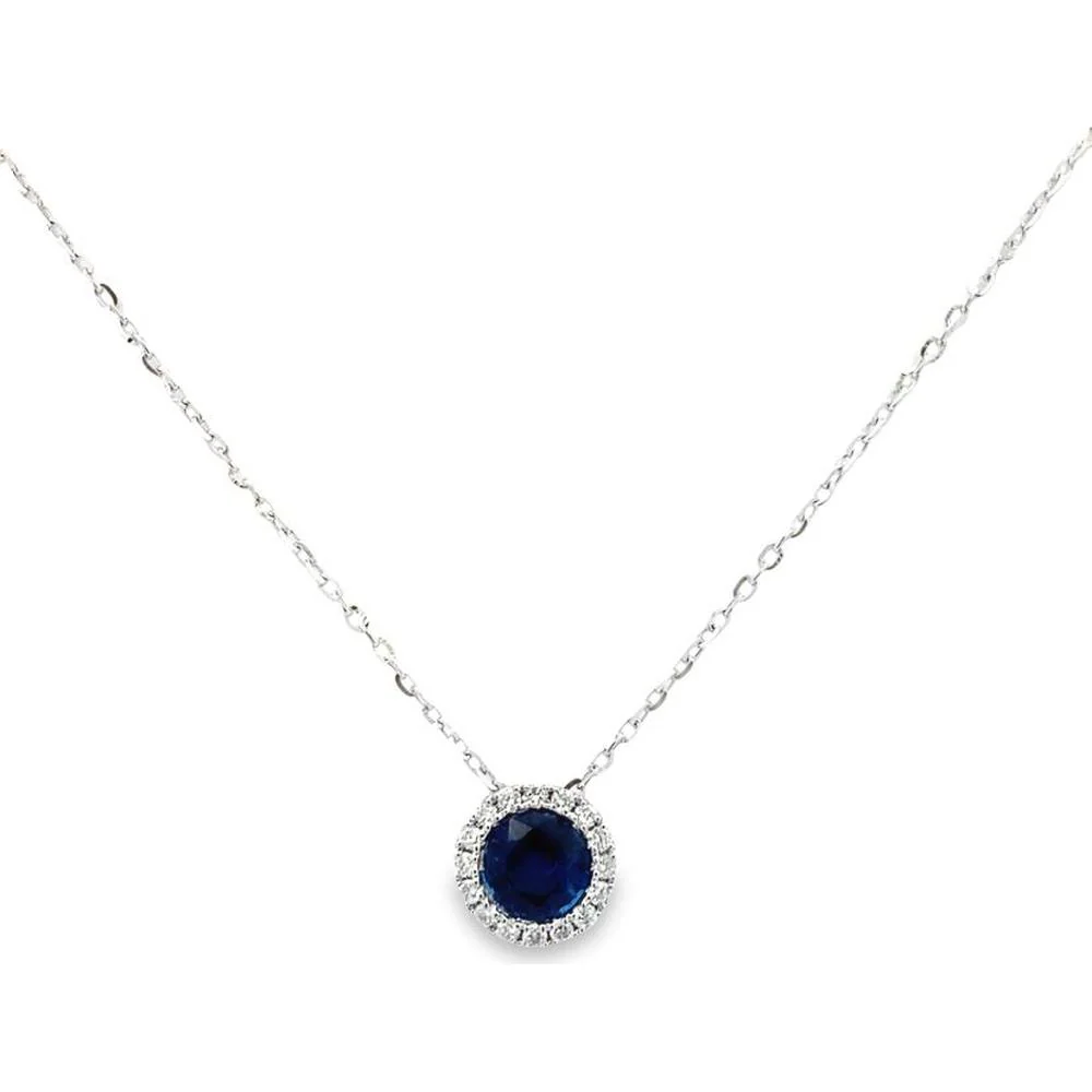 Roman & Jules - 14K White Gold Round Sapphire Necklace with Diamond Halo - 0.64 Carat Total Diamond Weight
