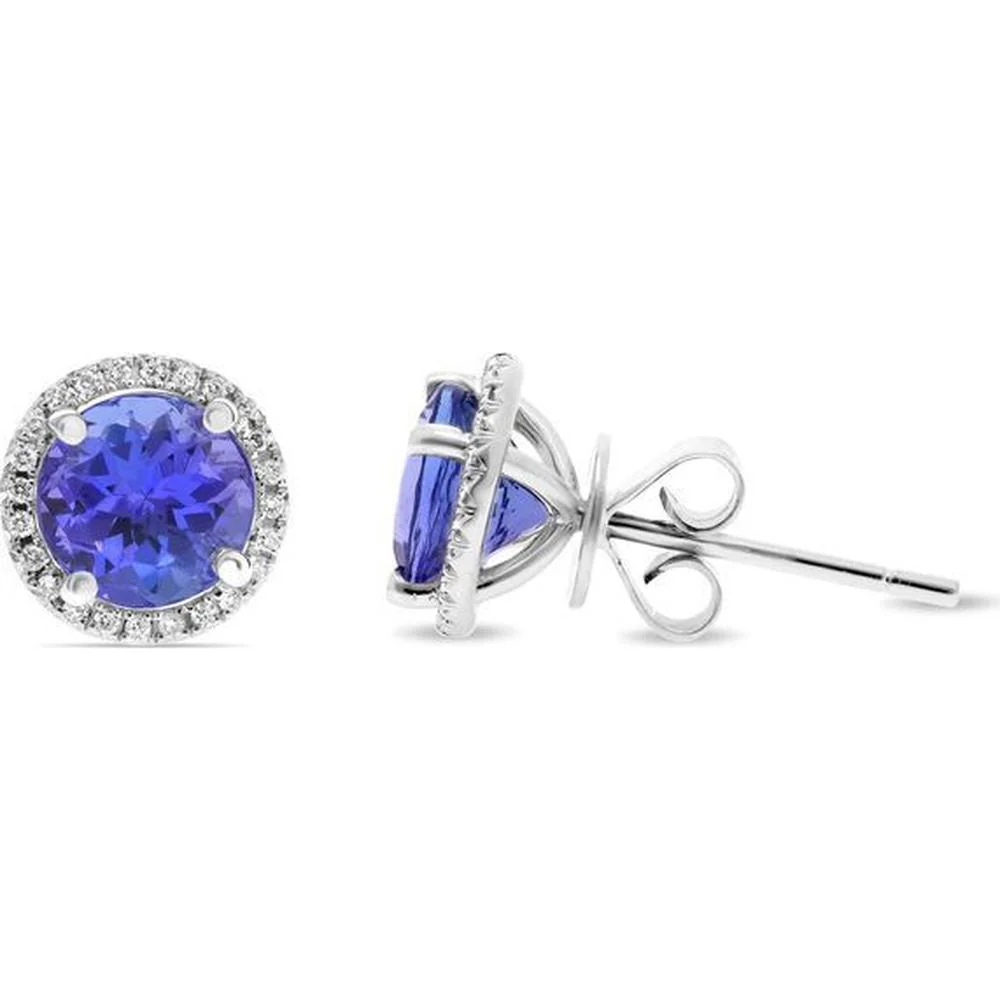 Roman & Jules - 14K White Gold Round Tanzanite Halo Stud Earrings with Round Diamonds - 2.50 Carat Total Tanzanite Weight