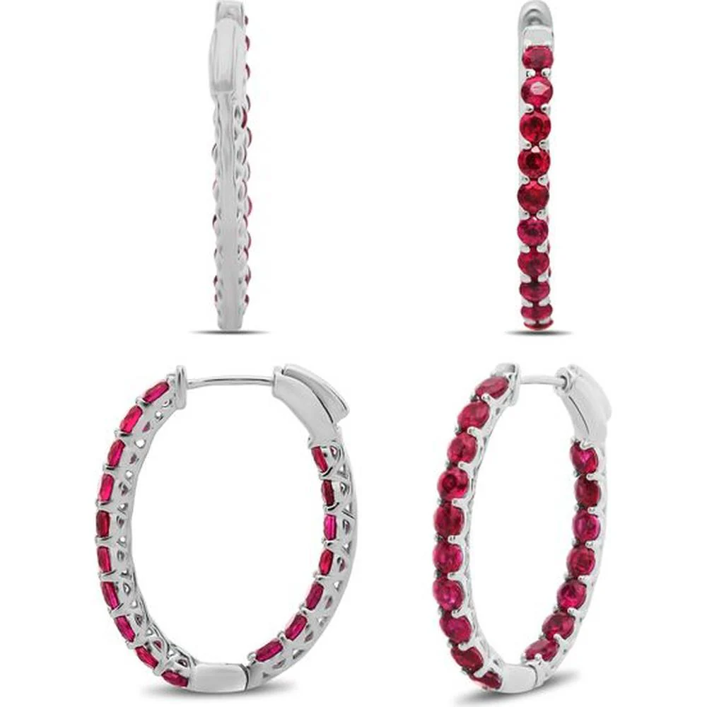 Roman & Jules - 14K White Gold Ruby Hoop Earrings with Round Rubies - 2.00 Carat Total Ruby Weight