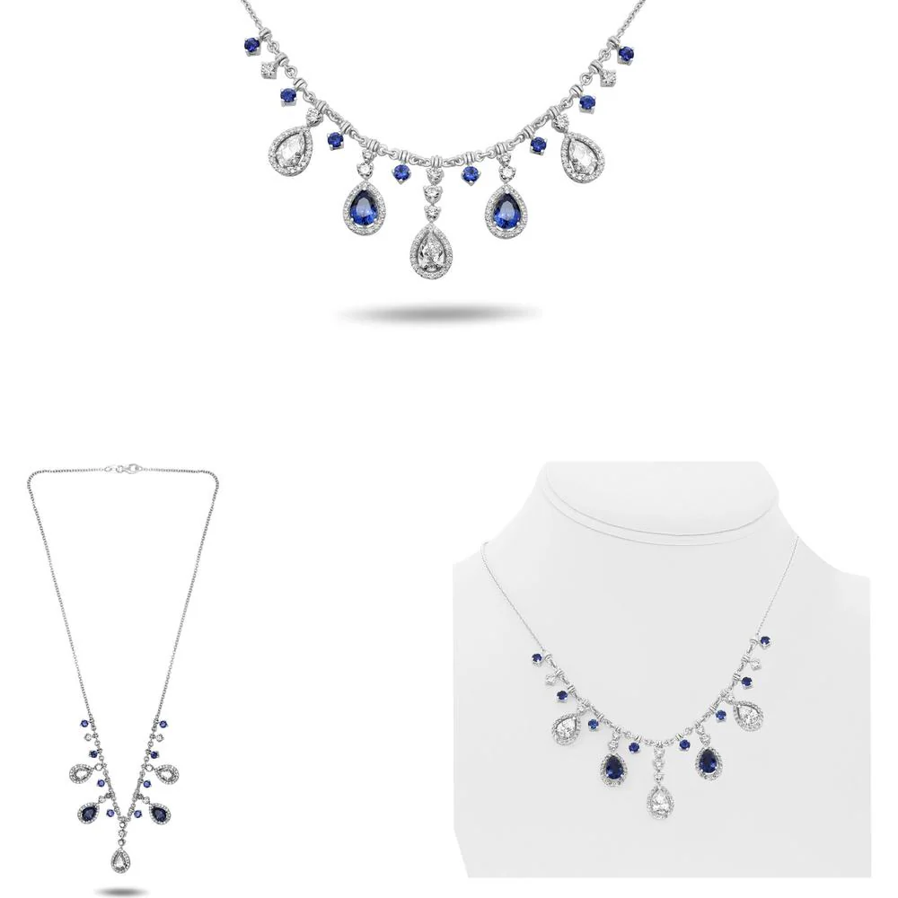 Roman & Jules - 14K White Gold Sapphire & Diamond Chandelier Necklace with Halo Setting - 4.62 Carat Total Gem Weight