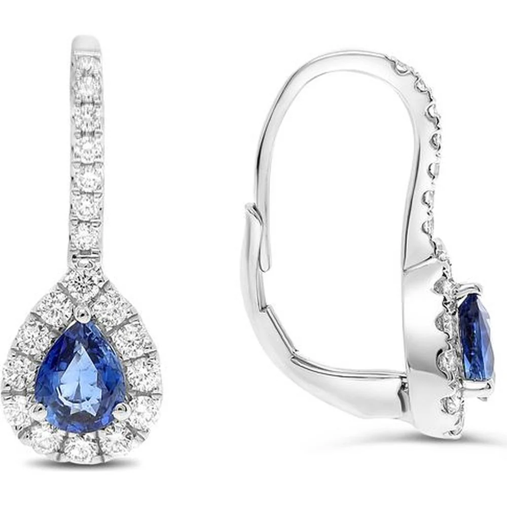 Roman & Jules - 14K White Gold Sapphire and Diamond Drop Earrings with Halo Design - 0.76 Carat Total Sapphire and Diamond Weight