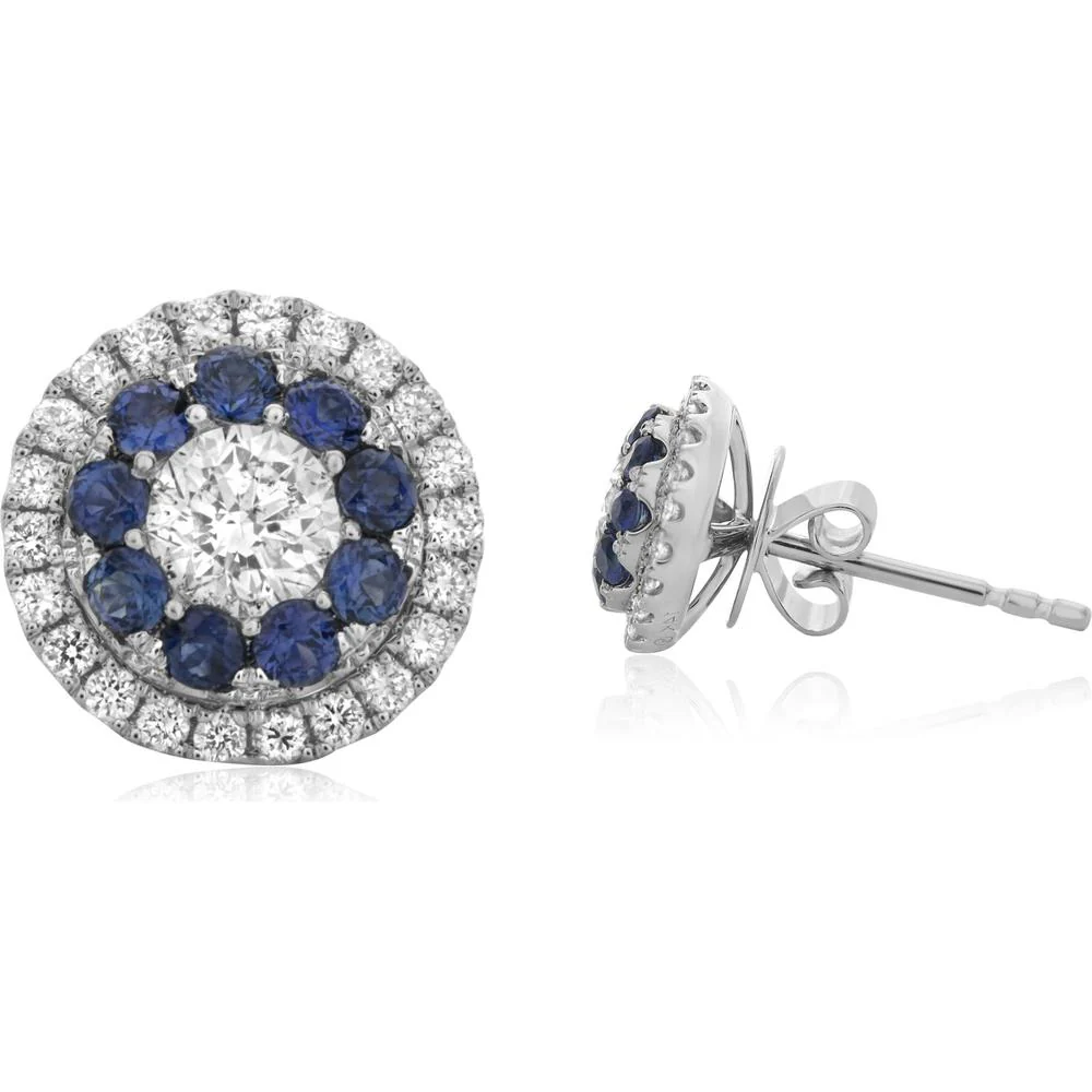 Roman & Jules - 14K White Gold Sapphire and Diamond Halo Stud Earrings - 0.40 Carat Total Sapphire, 0.38 Carat Total Diamond Weight