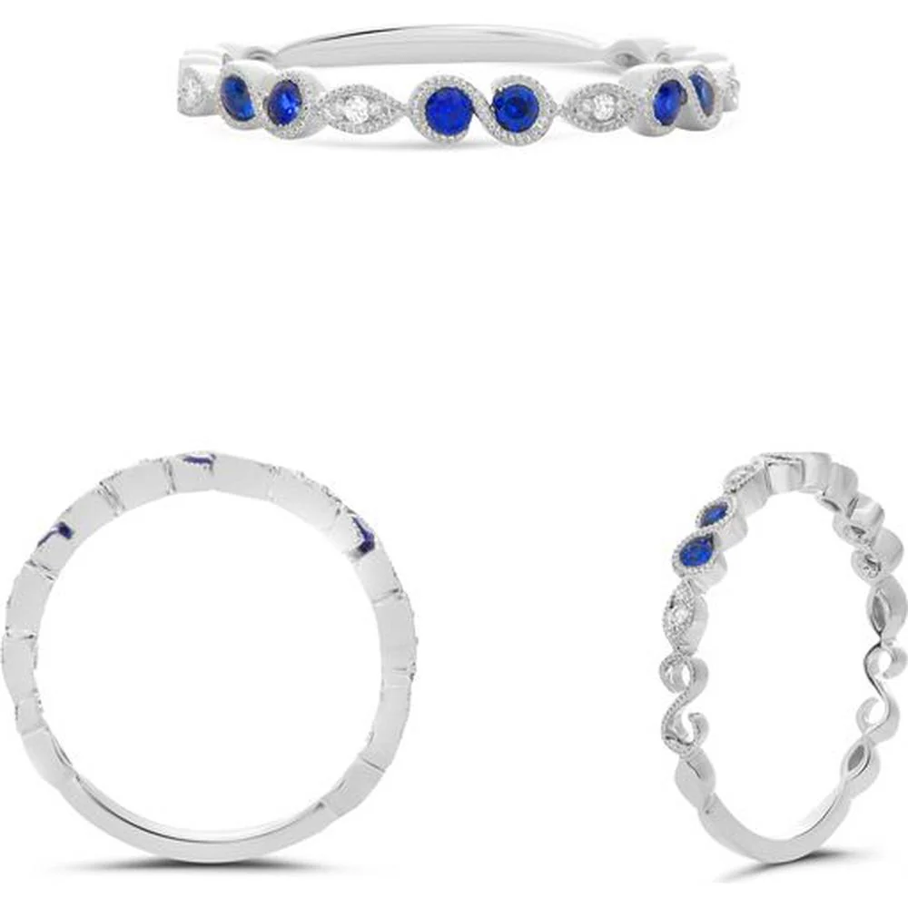 Roman & Jules - 14K White Gold Sapphire and Diamond Ring with Milgrain Detailing - 0.02 Carat Round Diamonds, 0.17 Carat Total Sapphire Weight