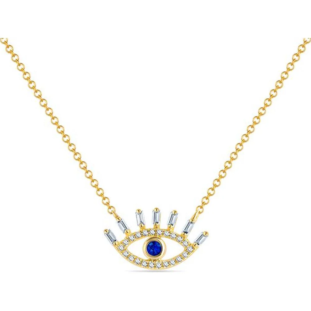 Roman & Jules - 14K White Gold Sapphire Evil Eye Necklace with Round and Baguette Diamonds - 0.18 Carat Total Diamond Weight