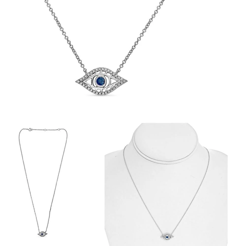 Roman & Jules - 14K White Gold Sapphire Evil Eye Necklace with Round Diamonds - 0.09 Carat Total Diamond Weight
