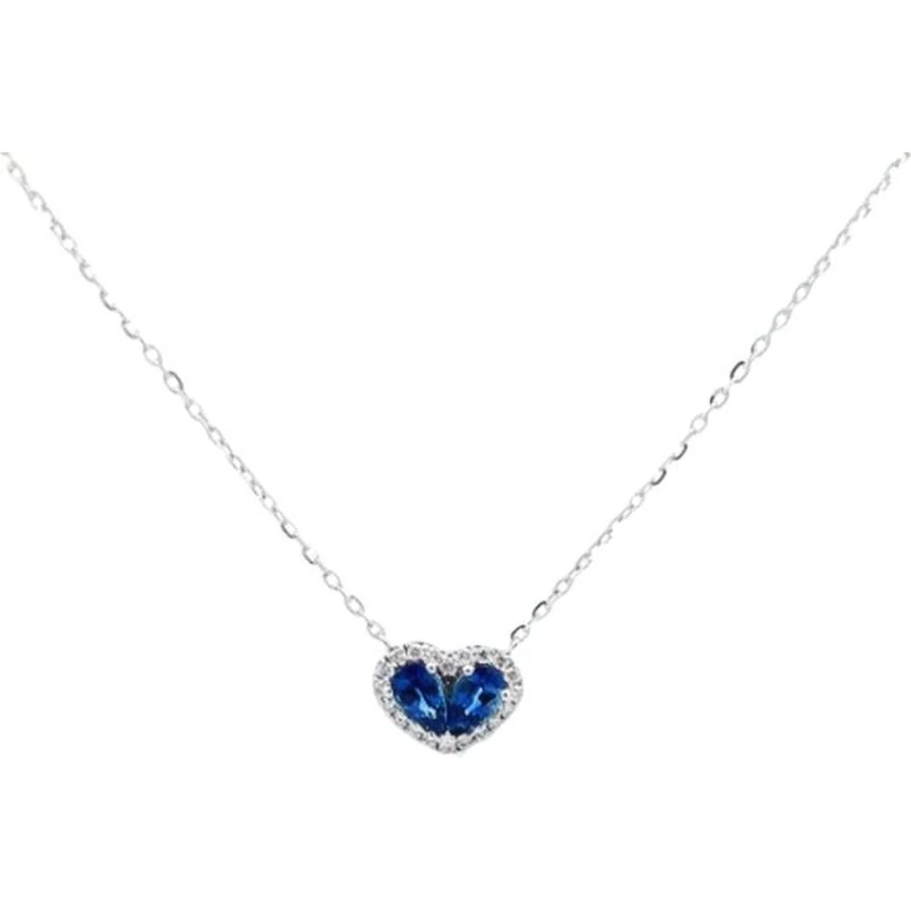 Roman & Jules - 14K White Gold Sapphire Heart Necklace with Round Diamond Halo - 0.11 Carat Total Diamond Weight