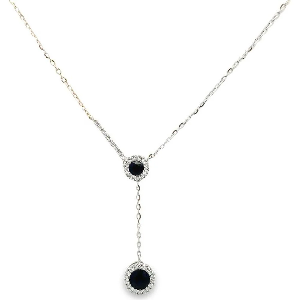 Roman & Jules - 14K White Gold Sapphire Necklace with Round Diamonds in Halo Setting - 0.45 Carat Total Diamond Weight