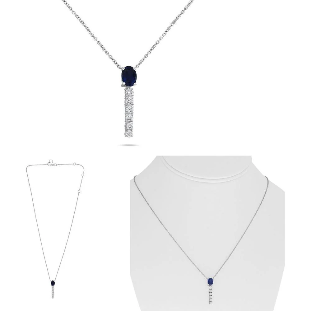 Roman & Jules - 14K White Gold Sapphire Y Drop Necklace with Round Diamond - 0.82 Carat Total Sapphire Weight