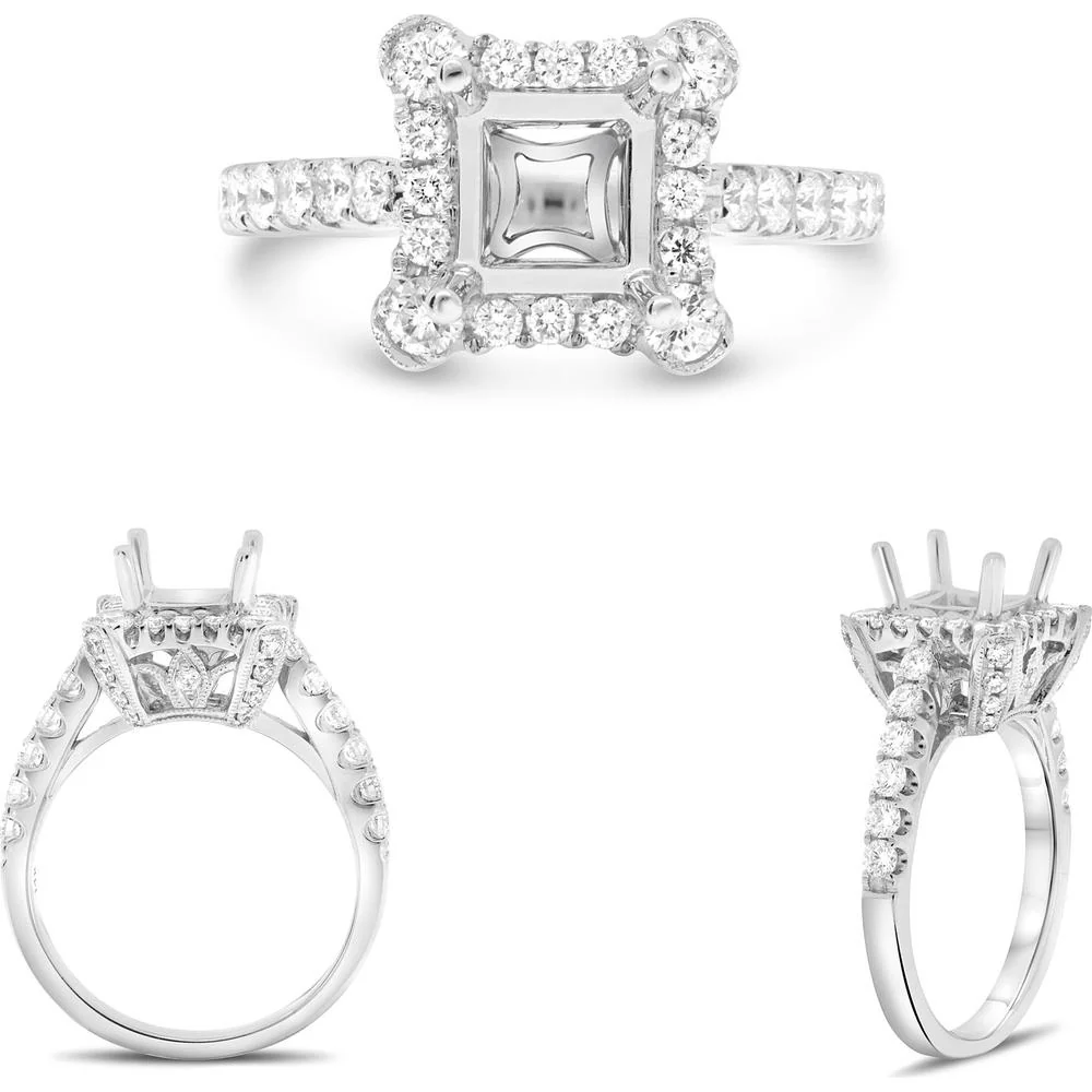 Roman & Jules - 14K White Gold Semi-Mount Halo Engagement Ring with Round Diamonds - 0.89 Carat Total Diamond Weight