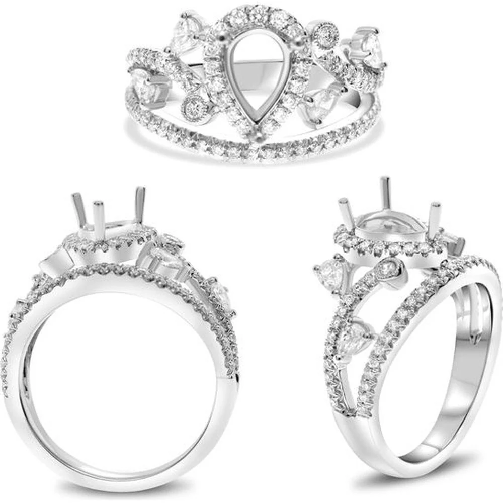 Roman & Jules - 14K White Gold Semi Mount Ring for Pear Shaped Center Stone with Diamond Halo - 0.39 Carat Total Diamond Weight
