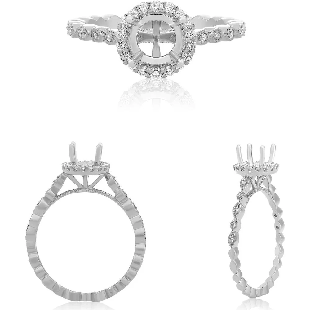 Roman & Jules - 14K White Gold Shared Prong Halo Engagement Ring with Round Diamonds - 0.15 Carat Total Diamond Weight