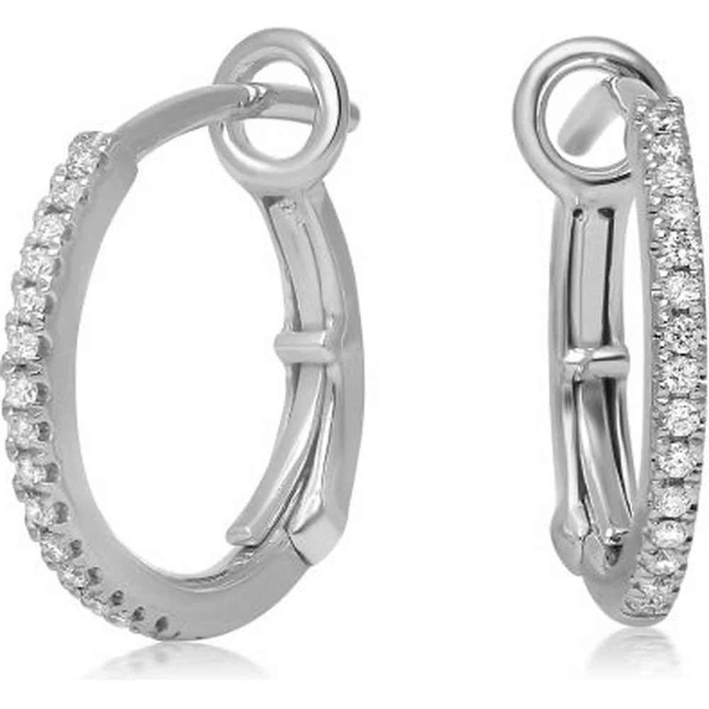 Roman & Jules - 14K White Gold Small Hoop Earrings with Micropavé Set Round Diamonds - 0.10 Carat Total Diamond Weight
